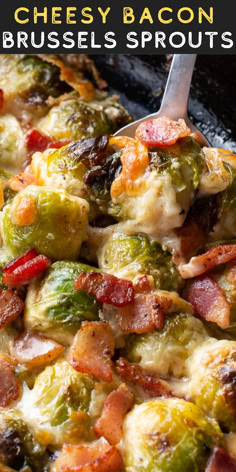 a close up of a casserole with bacon and brussel sprouts