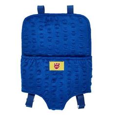 a blue backpack with a yellow tag on it