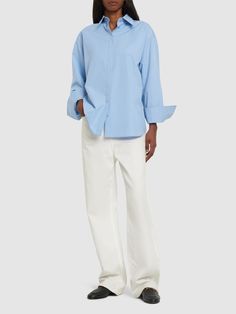 Concealed front button closure. Button cuffs. Model is wearing a size38 Valentino Women, Cotton Poplin Shirt, Poplin Shirt, Cotton Poplin, Valentino Garavani, Light Blue, How To Wear, Blue