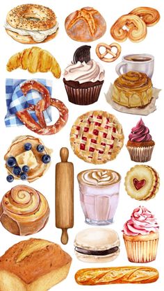 watercolor painting of various pastries and desserts