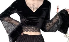 InsGirl Dark Goth Long Sleeve Tshirt Women Sexy Lace Patchwork Flare Sleeve V-neck Short Tee Tops Streetwear Black Bottom Tshirt Long Sleeve Lace Crop Top, Gothic Crop Tops, Crop Top Design, Estilo Harajuku, Alt Clothes, Bell Sleeve Crop Top, Gothic Shirts, Crop Top Designs, Velvet Crop Top