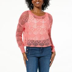 TWRHLL by Christie Brinkley Crochet Sweater   Revamp your wardrobe with a crochet sweater top inspired by seashells. Try it on or off the shoulder for versatility. For a chic piece that seamlessly transitions from weekend casual to the beach, look no further. Pink Crochet Tops For Fall, Trendy Crochet Knit Top For Fall, Winter Casual Pink Crochet Top, Pink Casual Crochet Top, Trendy Crochet Sweater For Spring, Casual Pink Crochet Top For Winter, Winter Pink Open Knit Top, Spring Crew Neck Open Knit Crochet Top, Fall Crochet Lace Crew Neck Sweater