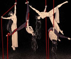 three acrobatic women hanging upside down on ropes