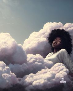 a woman standing in the clouds with her eyes closed