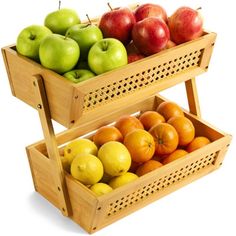 two wooden baskets filled with apples and oranges