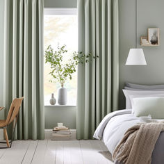 Clean, monotone living room in minty sage and green grays with white shade pendant lamp and blackout curtains. Window Brands, Window Company, Green Inspiration, Garden Makeover, Window Replacement, Window Styles, Door Installation