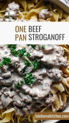 one beef pan stroganooffi in a white bowl with parsley on top