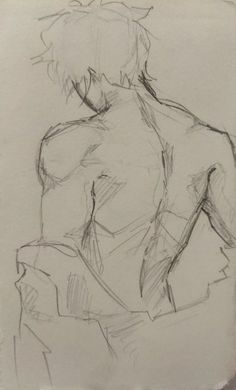 a drawing of a man's back and torso, with one hand on his hips