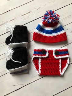 Any Hockey Fan?  This super cute Crochet Set is a Montreal Canadiens Inspired Outfit that features the colors red, blue and white.  This set is perfect for a newborn photo session or it would make the most amazing Baby Shower Gift for any Montreal Canadiens Fans!  Maybe what you have been looking for! ❤️ HAT SIZE: Newborn : 12 - 13" 0-3 Months : 13 - 14" ❤️ SKATES (sole of the foot) :  Newborn : 3.5"  0-3 Months : 4" The Diaper Cover is totally adjustable as I put two buttons in front instead of Hockey Outfit, Hockey Outfits, Crochet Diaper Cover, Crochet Bunting, Hockey Skates, Baby Kleidung, Hockey Baby, Cadeau Baby Shower, Baby Hat Patterns