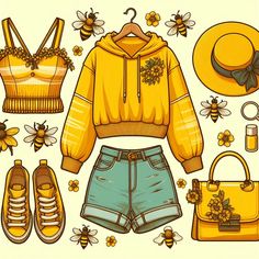 a set of clothes and accessories for the girl on a white background with honeybees