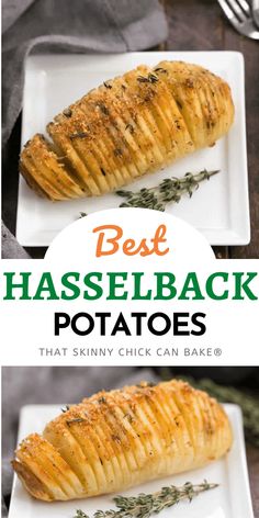 two white plates with baked potatoes on them and the words best hasselback potatoes