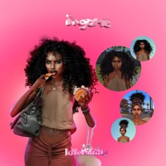 a woman with curly hair holding a purse and looking at her cell phone while standing in front of a pink background