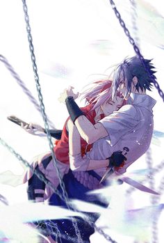 two anime characters hugging each other in front of white background with blue and pink lights