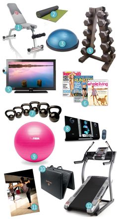 an assortment of exercise equipment including a treadmill, yoga ball, and other items