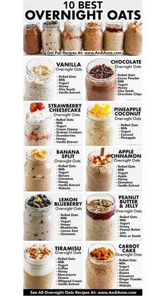 the top ten overnight oatmeal recipe is shown in this poster, which shows different