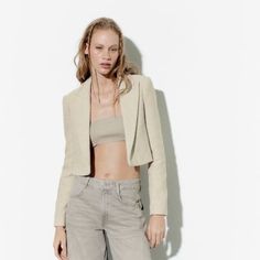 Cropped Blazer With Lapel Collar And Long Sleeves With Shoulder Pads. Interior Lining. Outer Shell 64% Polyester 36% Cotton Lining 100% Polyester 20 Zara Tweed Blazer, Mustard Blazer, Elbow Patch Blazer, Textured Crop, Cut Blazer, Boho Crop Tops, Black Suit Jacket, Suede Blazer, Satin Blazer