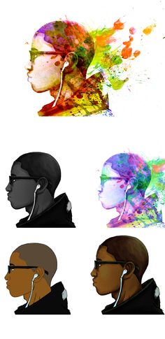 the silhouettes of people with headphones are shown in different colors and shapes, including one