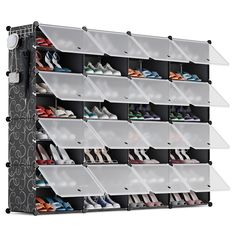 the shoe rack is organized with clear plastic bins and hanging on it's sides