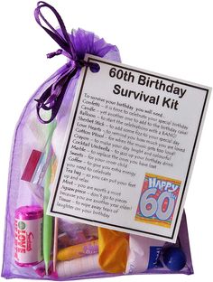 a birthday survival kit in a purple organ bag with the message 60th birthday survival kit