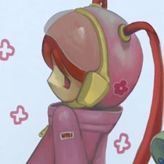 an image of a cartoon character with headphones and pink outfit holding a red object