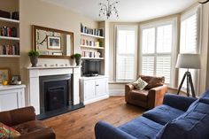 a living room filled with furniture and a fire place under a window covered in books