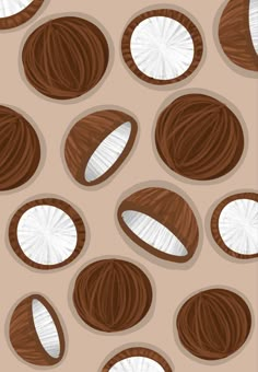 coconuts are arranged in rows on a beige background with white circles and brown spots