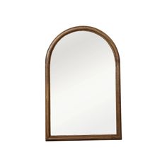 an arched wooden mirror on a white background with the reflection of it's own image