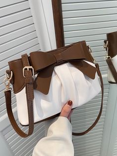 Coffee Brown Fashionable   PU Leather Colorblock Ruched Bag Embellished   Women Bags Ruched Bag, Fashion Shoes Heels, Adjustable Bag, Bow Decor, Classy Casual Outfits, Coffee Brown, Cute Bags, Bag Women, Olivia Mark