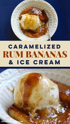 caramelized rum bananas and ice cream in a white bowl on a blue table