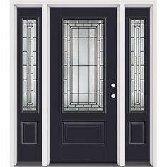 a black door with glass panels and sidelights