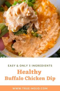 healthy and easy buffalo chicken dip recipe with broccoli in the foreground on a white plate