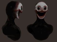 two creepy looking plastic heads with eyes and mouth are standing next to each other in front of a dark background