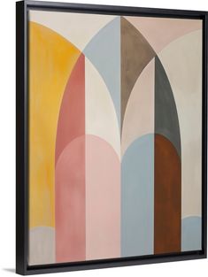 an abstract painting with different colors and shapes on it's black framed wall art