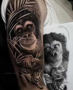 a man with a tattoo on his arm next to a monkey and other animal tattoos