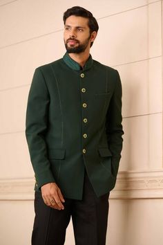 Buy Emerald Green Bandhgala Suiting Fabric Fluted Collared Trouser Set For Men by Tarun Tahiliani Online at Aza Fashions. Designer Green Bandhgala For Festive Occasions, Unstitched Pista Green Formal Sets, Formal Fitted Nehru Jacket With Naqshi, Elegant Pista Green Formal Traditional Wear, Elegant Formal Pista Green Traditional Wear, Traditional Green Nehru Jacket For Semi-formal Occasion, Green Traditional Nehru Jacket For Formal Occasions, Tailored Bandhgala With Stand Collar For Festive Occasions, Green Long Sleeve Bandhgala With Naqshi