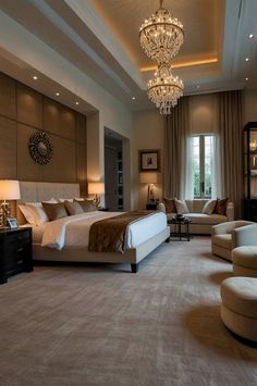 an elegant bedroom with chandelier, bed and two chairs in front of the window