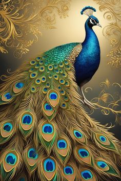 a painting of a peacock with its feathers spread out