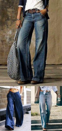 Wide leg denim #jeans are perfect choice for daily wear in all seasons. Shop jeans collection now and get 5% off for first order! Code[New5] Free Shipping $69+! #womensfashion #falloutfits Stile Hippie Chic, Patchwork Boots, Denim Retro, Unique Pants, Recipes Authentic, Moda Denim, Cut Clothes, Jean Large, Chic Clothing