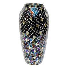 a mosaic vase is shown on a white background with black and multicolored tiles