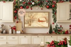 a kitchen decorated with christmas decorations and greenery