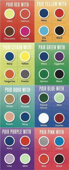 the color chart for different paints and their names are in red, green, blue, yellow