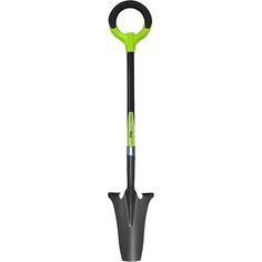 a green and black shovel with handle on white background