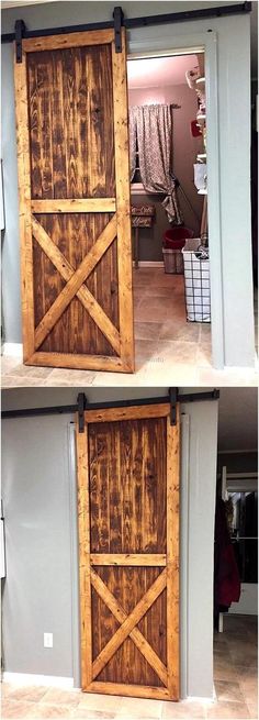 two pictures of an open and closed barn door with wood planks on the side