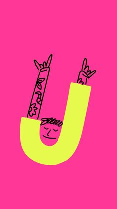 a drawing of a man in the shape of a letter u on a pink background