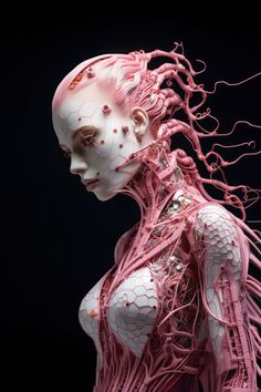 a woman with pink hair and wires on her body