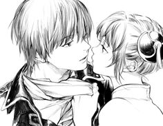 an anime couple kissing each other with their heads close to one another, in black and white