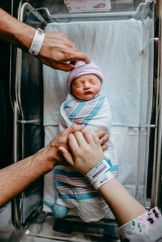 a baby is being held by two hands while it's in the middle of an inclosure