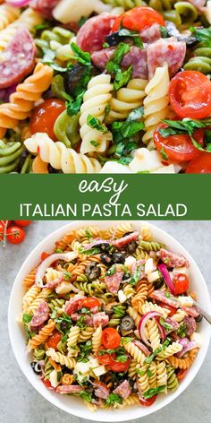 pasta salad in a white bowl with the title overlay that reads easy italian pasta salad