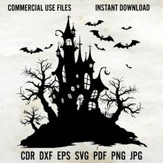 an image of a halloween castle with bats on it and the words, commercial use files instant