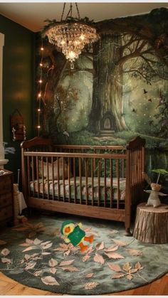 a baby's room with a tree mural on the wall and a crib